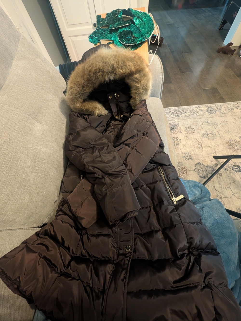 Michael Kors Dark Brown Long Quilted Puffer Coat with Faux Fur Hood